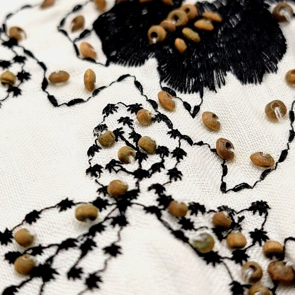 White Linen Button-Up Shirt With Black Floral Embroidery & Beaded Design - Picture 6 of 15